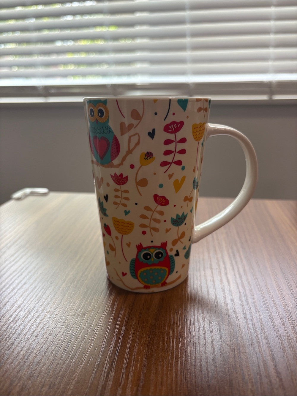 Home Essentials White Ceramic Tall Mug with Colorful Owl & Floral Design